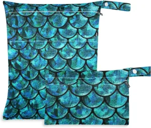 visesunny Blue Mermaid Scale 2Pcs Wet Bag with Zippered Pockets Washable Reusable Roomy for Travel,Beach,Pool,Daycare,Stroller,Diapers,Dirty Gym Clothes, Wet Swimsuits, Toiletries