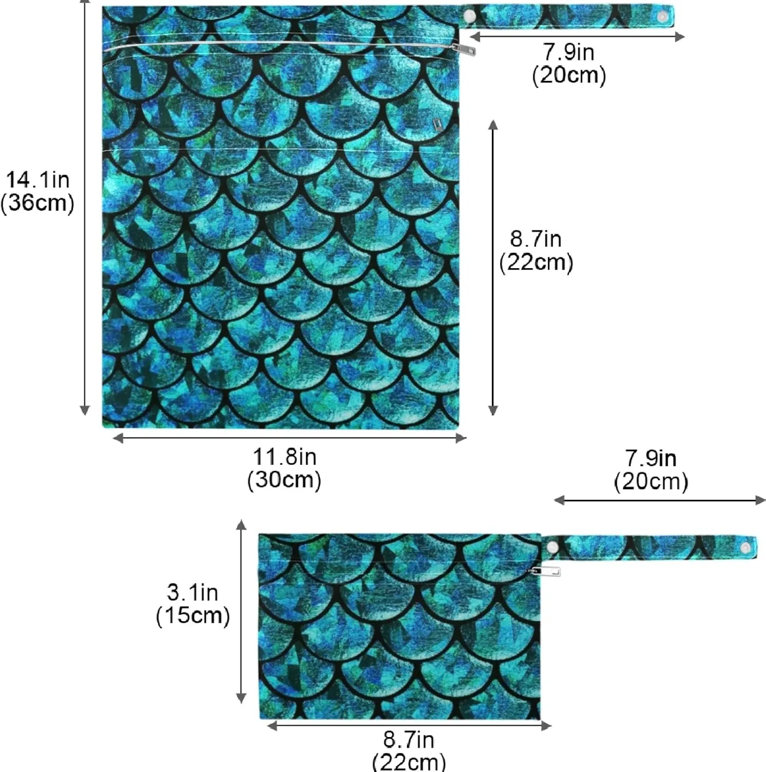 visesunny Blue Mermaid Scale 2Pcs Wet Bag with Zippered Pockets Washable Reusable Roomy for Travel,Beach,Pool,Daycare,Stroller,Diapers,Dirty Gym Clothes, Wet Swimsuits, Toiletries