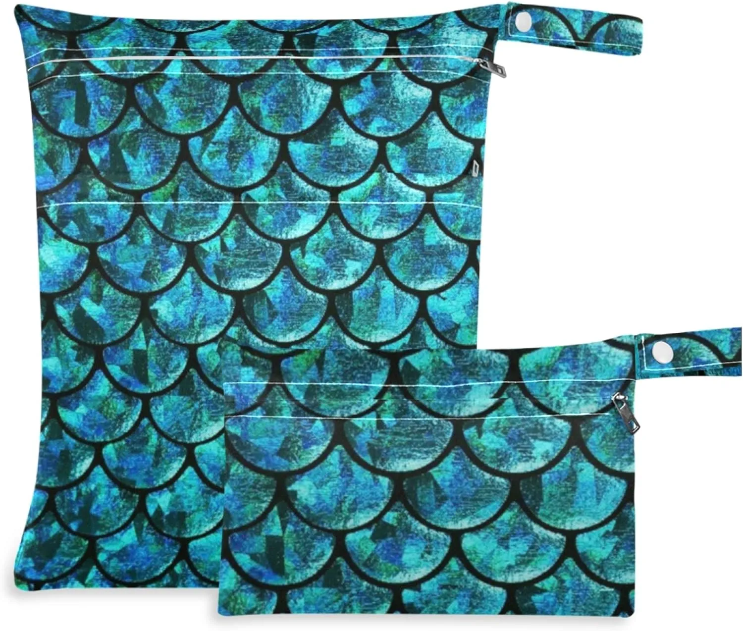 visesunny Blue Mermaid Scale 2Pcs Wet Bag with Zippered Pockets Washable Reusable Roomy for Travel,Beach,Pool,Daycare,Stroller,Diapers,Dirty Gym Clothes, Wet Swimsuits, Toiletries