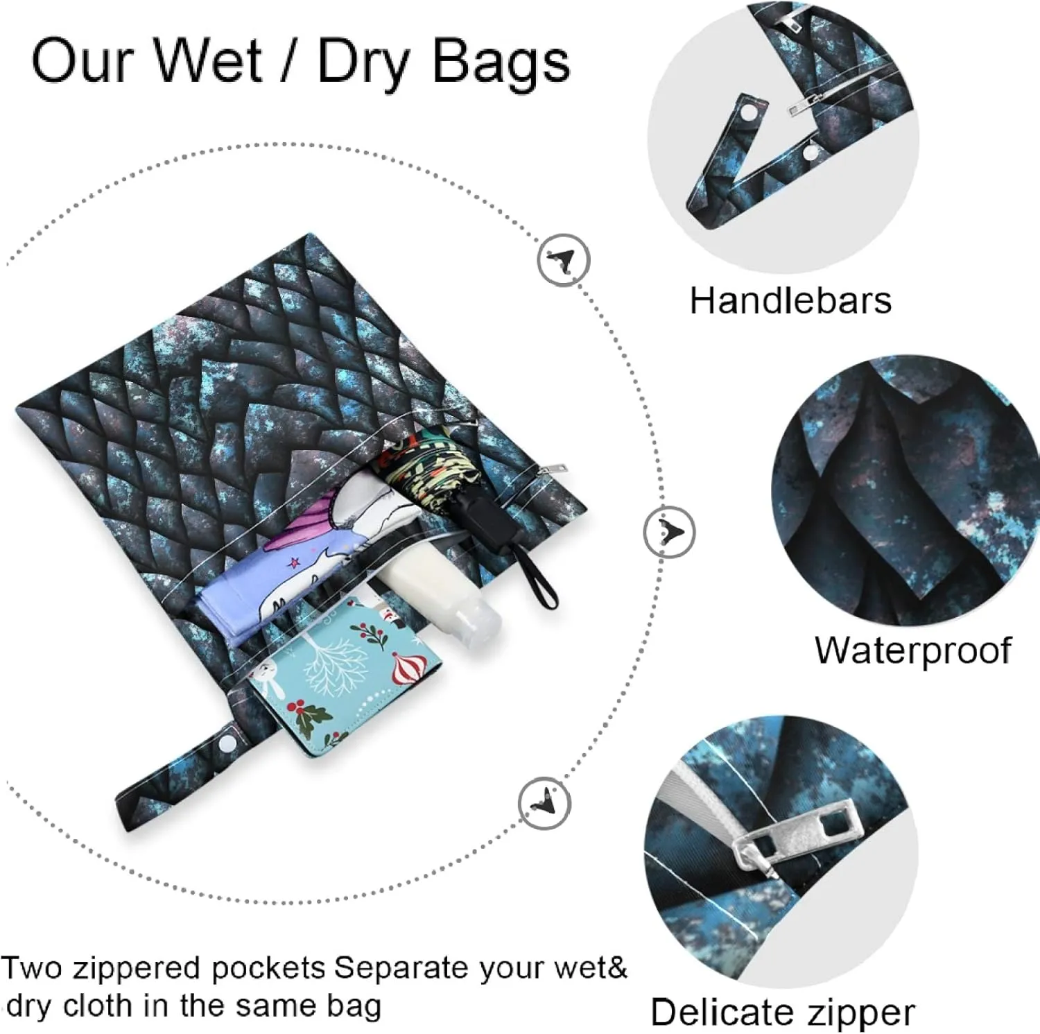 visesunny Blue Metallic Texture Dragon Scale 2Pcs Wet Bag with Zippered Pockets Washable Reusable Roomy for Travel,Beach,Pool,Daycare,Stroller,Diapers,Dirty Gym Clothes, Wet Swimsuits, Toiletries