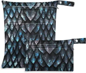visesunny Blue Metallic Texture Dragon Scale 2Pcs Wet Bag with Zippered Pockets Washable Reusable Roomy for Travel,Beach,Pool,Daycare,Stroller,Diapers,Dirty Gym Clothes, Wet Swimsuits, Toiletries