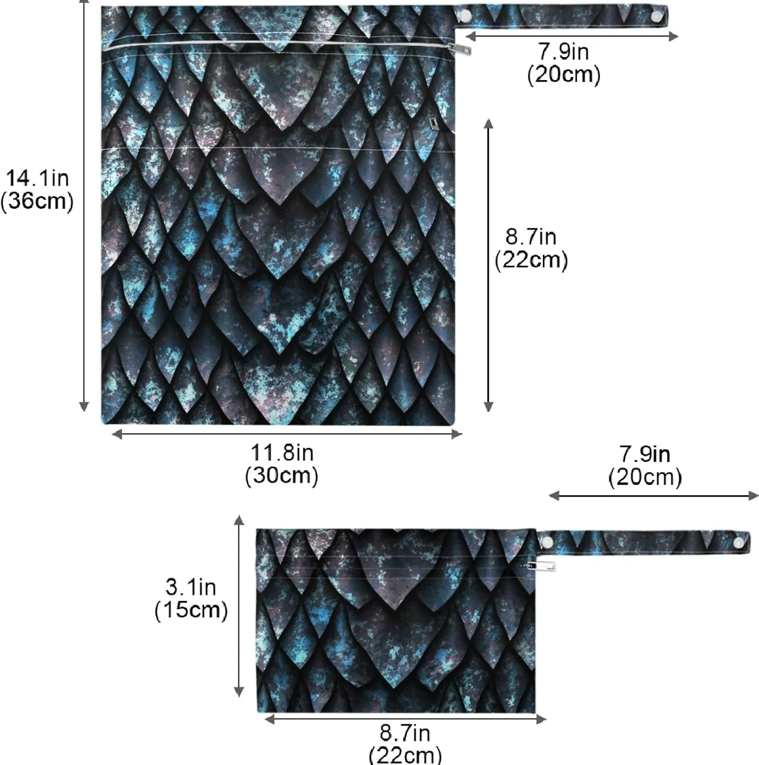 visesunny Blue Metallic Texture Dragon Scale 2Pcs Wet Bag with Zippered Pockets Washable Reusable Roomy for Travel,Beach,Pool,Daycare,Stroller,Diapers,Dirty Gym Clothes, Wet Swimsuits, Toiletries