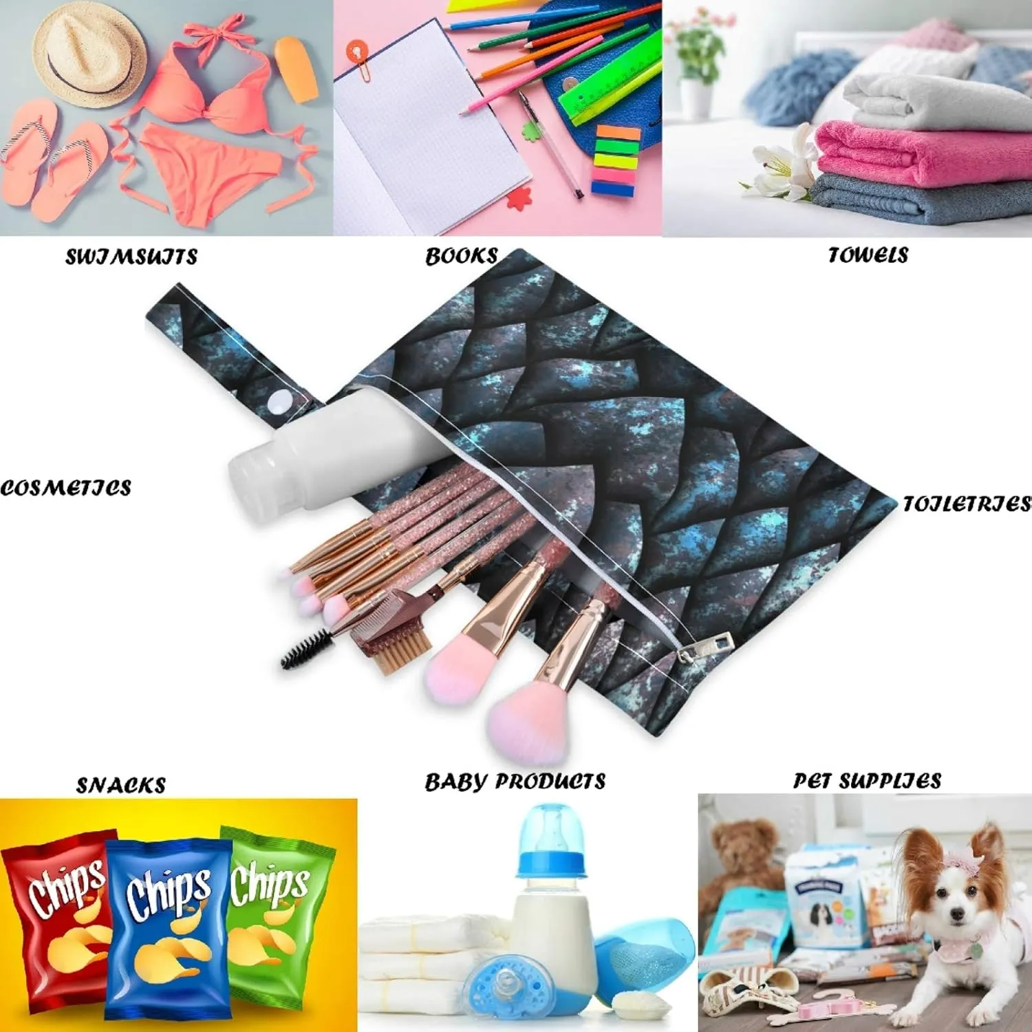 visesunny Blue Metallic Texture Dragon Scale 2Pcs Wet Bag with Zippered Pockets Washable Reusable Roomy for Travel,Beach,Pool,Daycare,Stroller,Diapers,Dirty Gym Clothes, Wet Swimsuits, Toiletries