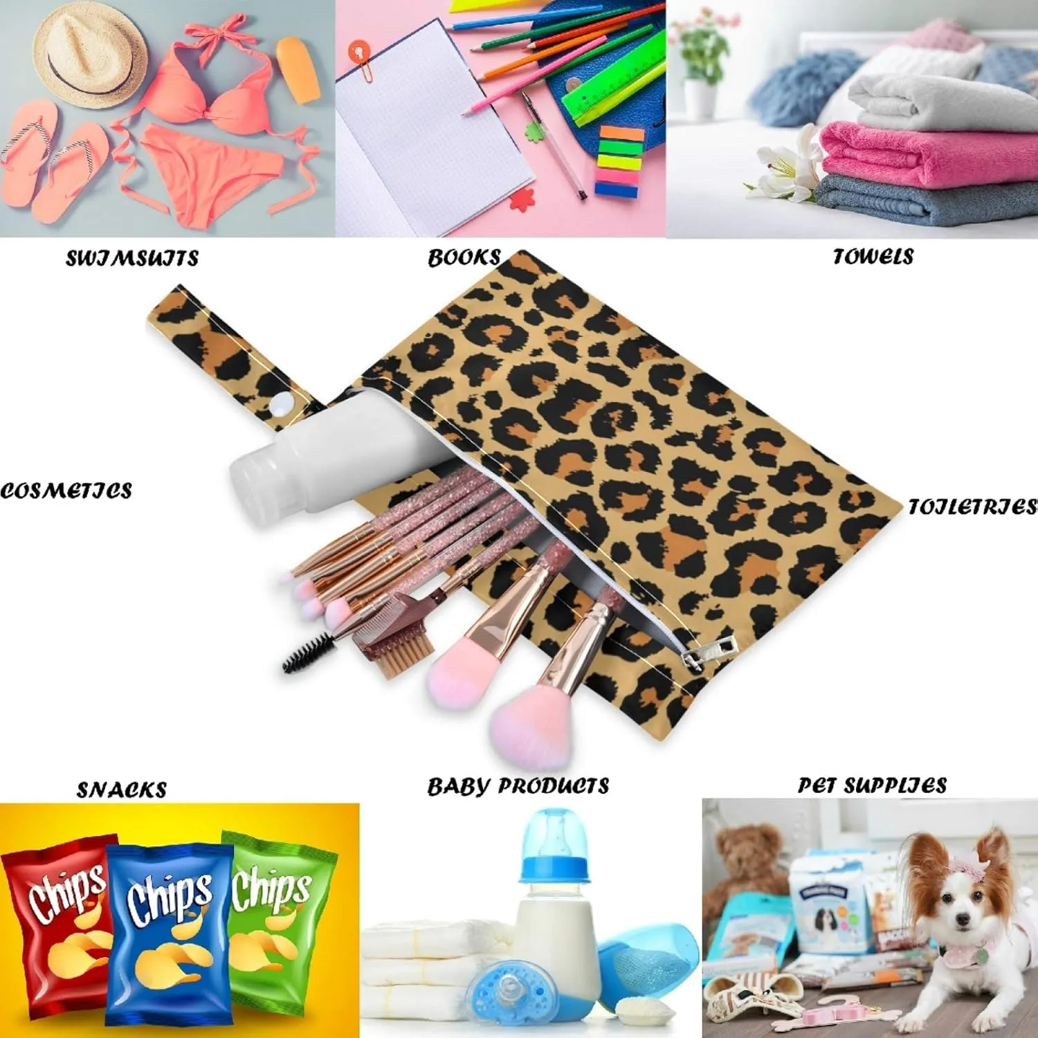 visesunny Leopard Grain 2Pcs Wet Bag with 2 Zippered Pockets Snap Handle Washable Reusable Roomy for Travel,Beach,Pool,Daycare,Stroller,Diapers,Dirty Gym Clothes, Wet Swimsuits, Toiletries