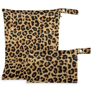 visesunny Leopard Grain 2Pcs Wet Bag with 2 Zippered Pockets Snap Handle Washable Reusable Roomy for Travel,Beach,Pool,Daycare,Stroller,Diapers,Dirty Gym Clothes, Wet Swimsuits, Toiletries