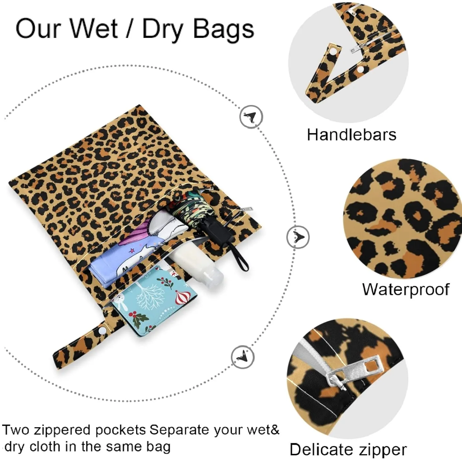 visesunny Leopard Grain 2Pcs Wet Bag with 2 Zippered Pockets Snap Handle Washable Reusable Roomy for Travel,Beach,Pool,Daycare,Stroller,Diapers,Dirty Gym Clothes, Wet Swimsuits, Toiletries
