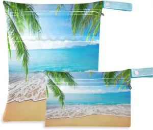 visesunny Palm and Tropical Beach 2Pcs Wet Bag with Zippered Pockets Washable Reusable Roomy for Travel,Beach,Pool,Daycare,Stroller,Diapers,Dirty Gym Clothes, Wet Swimsuits, Toiletries