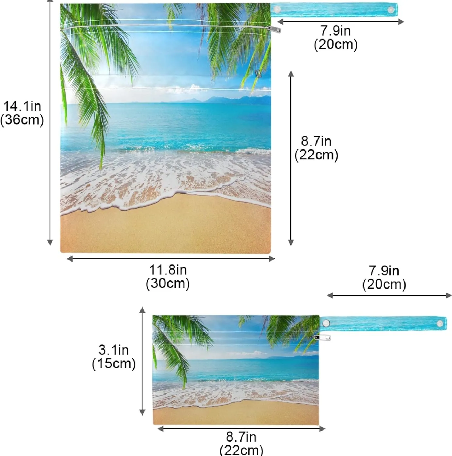 visesunny Palm and Tropical Beach 2Pcs Wet Bag with Zippered Pockets Washable Reusable Roomy for Travel,Beach,Pool,Daycare,Stroller,Diapers,Dirty Gym Clothes, Wet Swimsuits, Toiletries