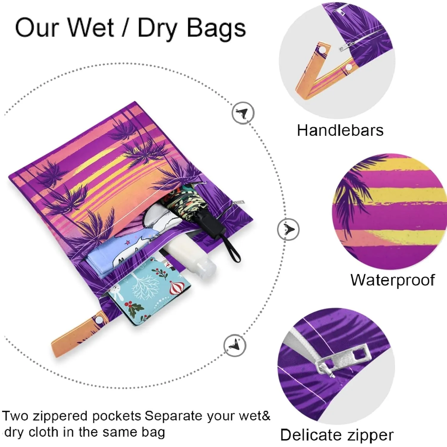 visesunny Tropical Sea Sunset 2Pcs Wet Bag with Zippered Pockets Washable Reusable Roomy for Travel,Beach,Pool,Daycare,Stroller,Diapers,Dirty Gym Clothes, Wet Swimsuits, Toiletries