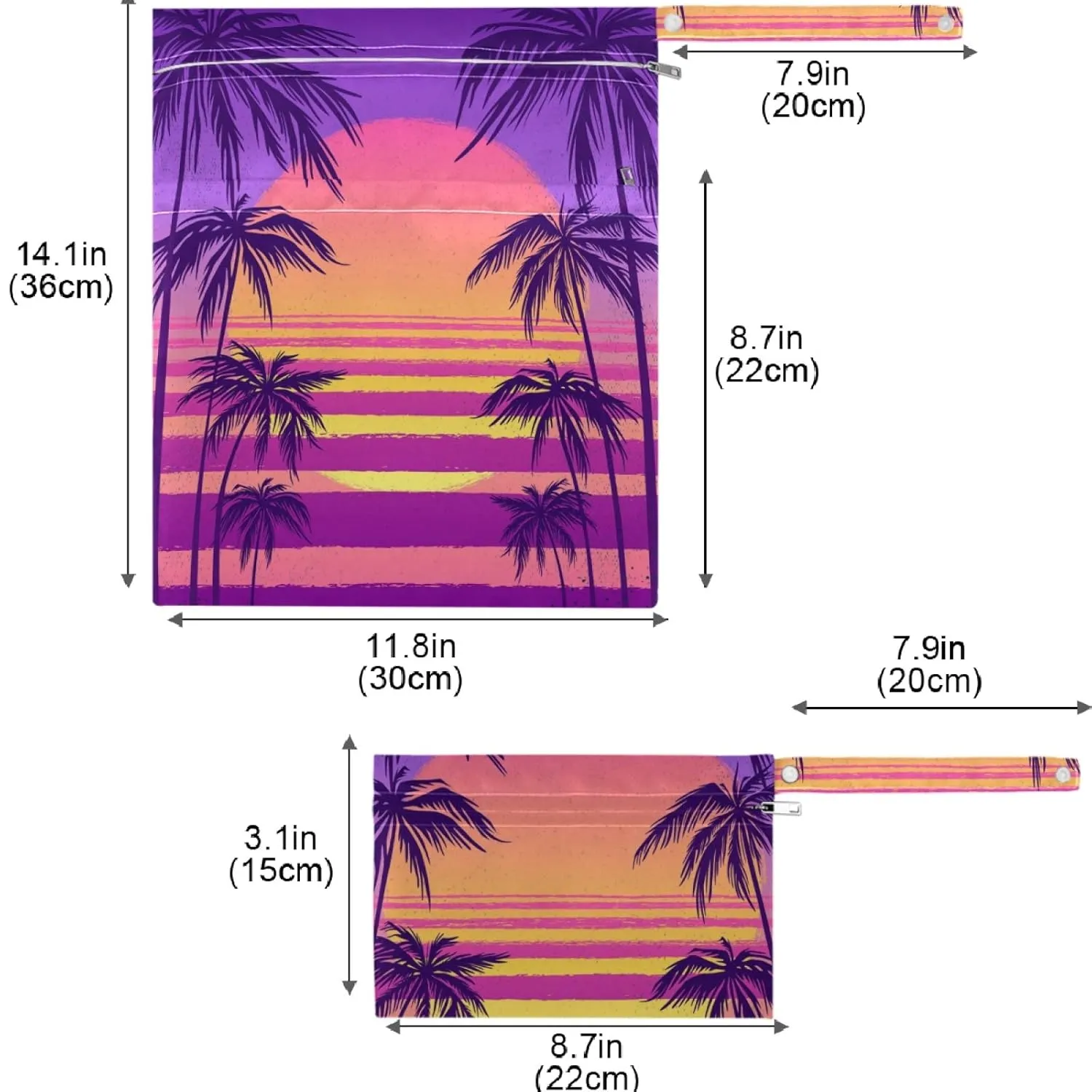 visesunny Tropical Sea Sunset 2Pcs Wet Bag with Zippered Pockets Washable Reusable Roomy for Travel,Beach,Pool,Daycare,Stroller,Diapers,Dirty Gym Clothes, Wet Swimsuits, Toiletries