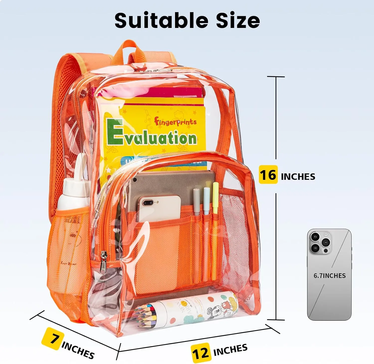 Vorspack Clear Backpack Heavy Duty PVC Transparent Backpack with Reinforced Strap Stitches & Large Capacity for College Workplace Security - Orange
