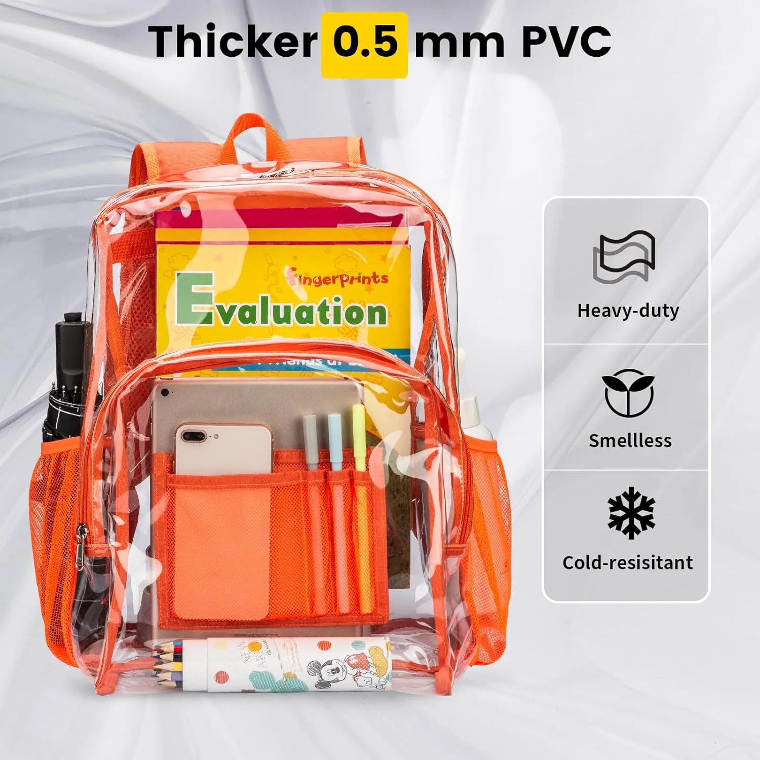 Vorspack Clear Backpack Heavy Duty PVC Transparent Backpack with Reinforced Strap Stitches & Large Capacity for College Workplace Security - Orange