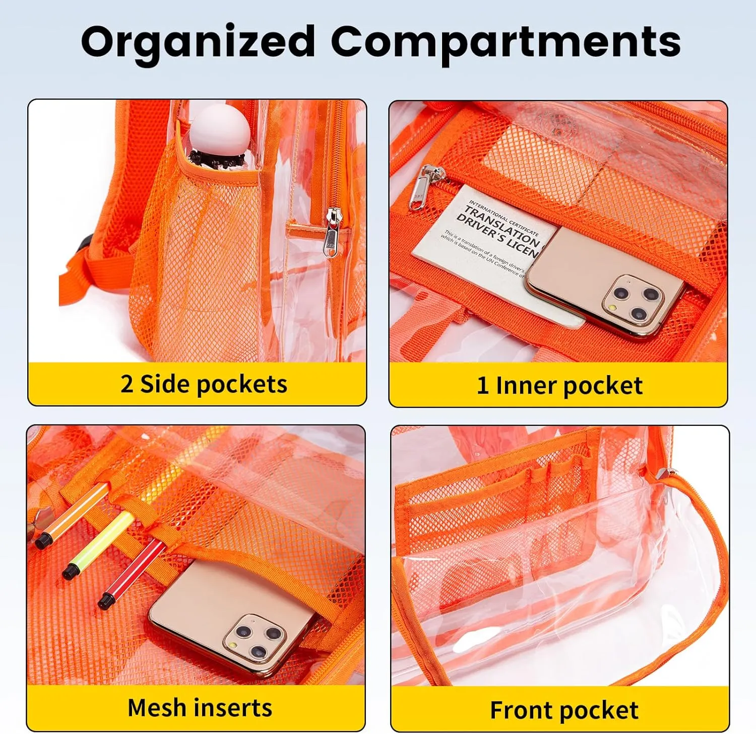 Vorspack Clear Backpack Heavy Duty PVC Transparent Backpack with Reinforced Strap Stitches & Large Capacity for College Workplace Security - Orange