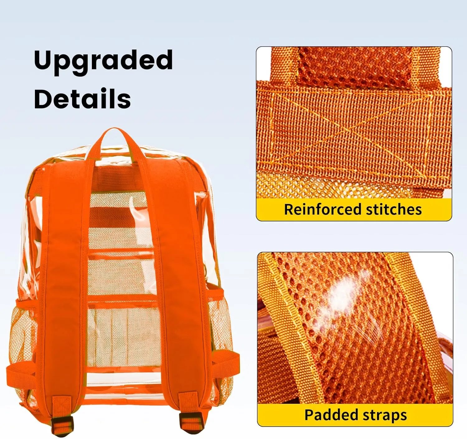 Vorspack Clear Backpack Heavy Duty PVC Transparent Backpack with Reinforced Strap Stitches & Large Capacity for College Workplace Security - Orange