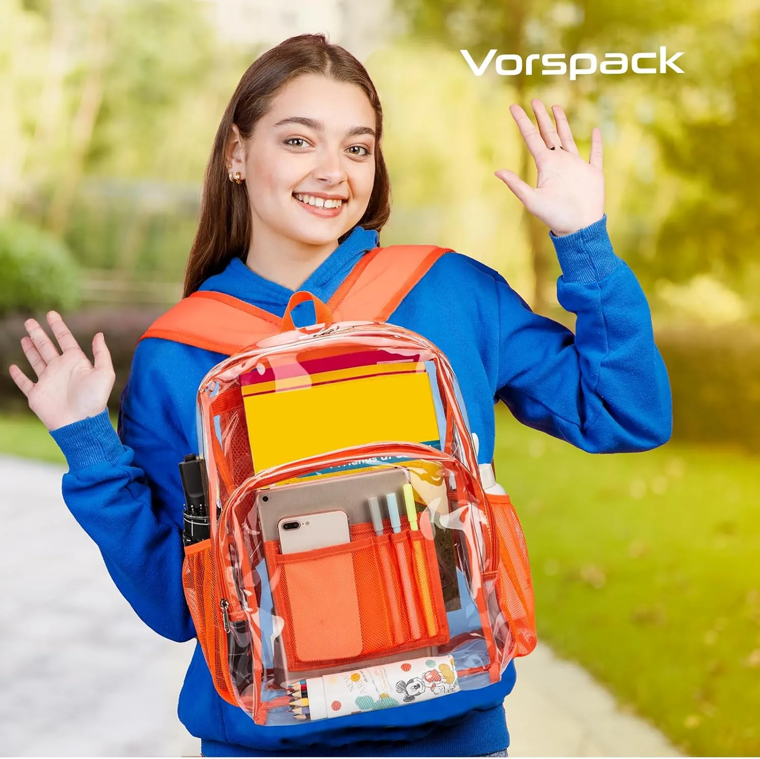 Vorspack Clear Backpack Heavy Duty PVC Transparent Backpack with Reinforced Strap Stitches & Large Capacity for College Workplace Security - Orange