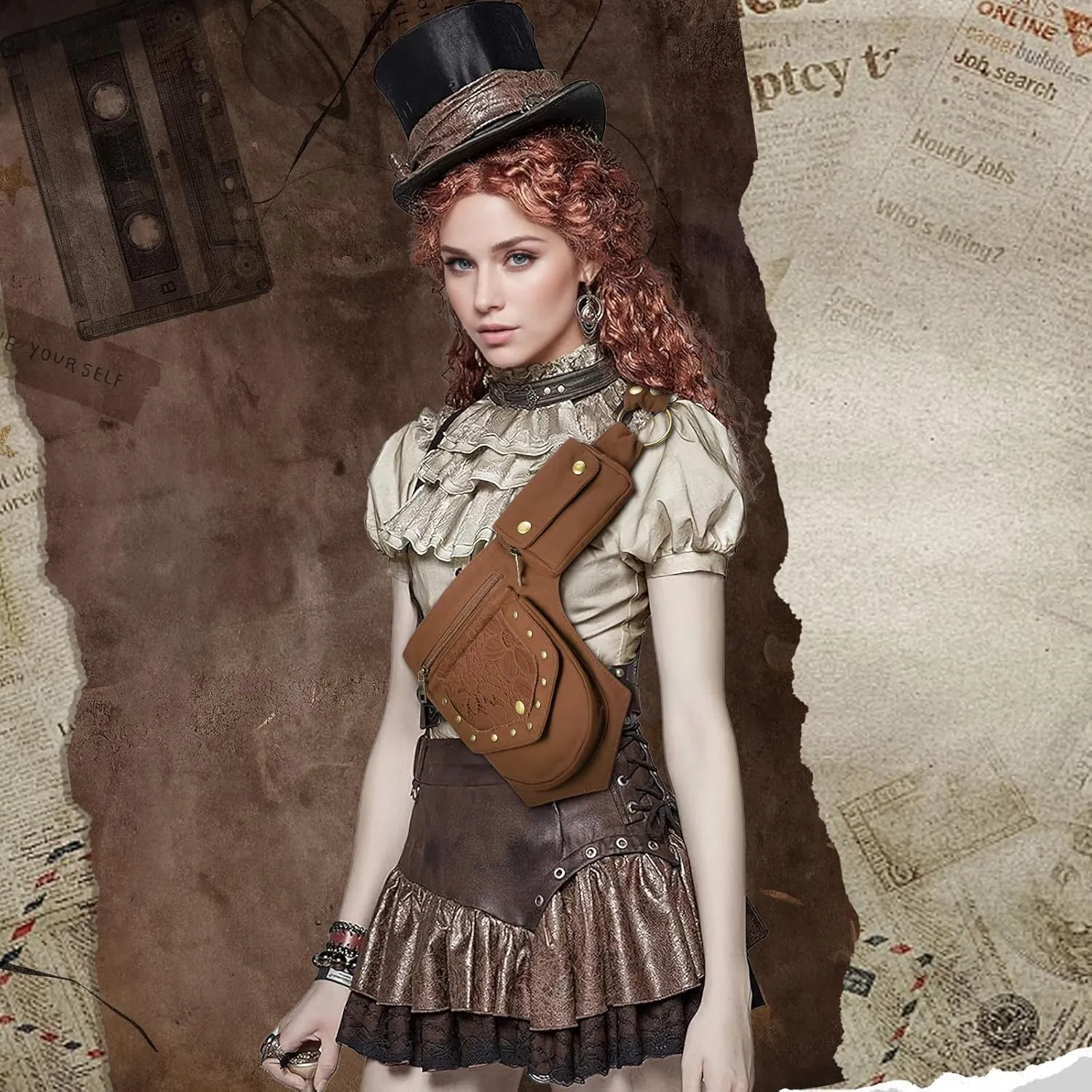 Waist Bag Pouch for Women Vintage Waist pack Hip Bag Fanny Bag Renaissance Faire Festival Chest Pack with Adjustable Belt Strap