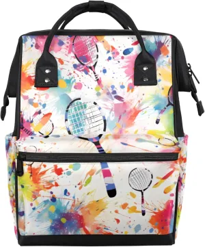 Watercolor Badminton Rackets Diaper Bag Mommy Bags With Adjustable Shoulder Strap Waterproof Multifunction Shoulder Bag Travel Large Capacity Backpack for Moms And Dads