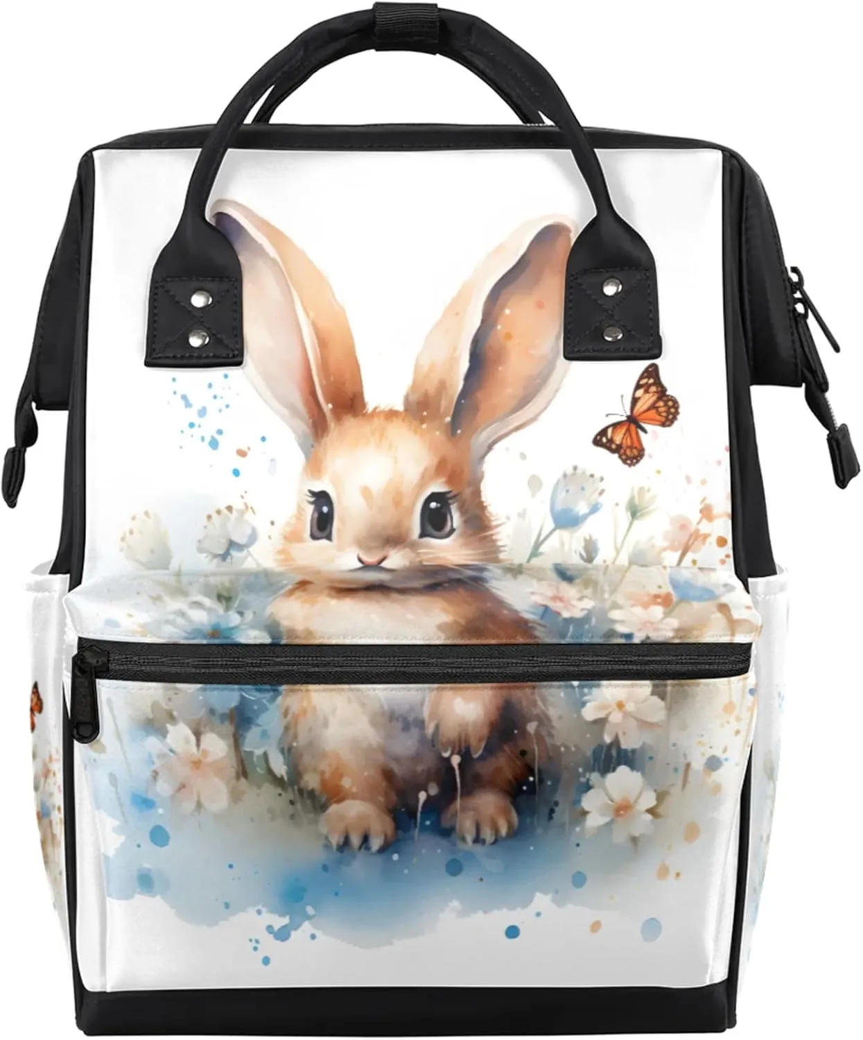 Watercolor Rabbit Flower Watercolor Diaper Bag Mommy Bags With Adjustable Shoulder Strap Waterproof Multifunction Shoulder Bag Travel Large Capacity Backpack for Moms And Dads