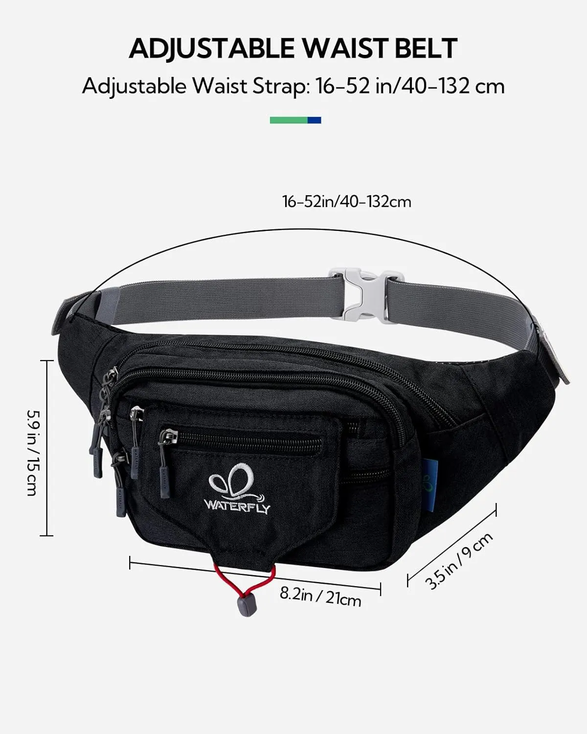 WATERFLY Large Fanny Pack Waist Bag: Multipocket Woman Man Waist Pack Runner Hip Pouch Purse Belt Bag Water Resistant Bum Bag Fit All Phones for Walking Jogging Running Cycling Travelling Hiking
