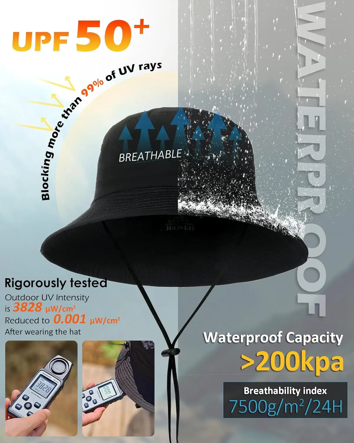 Waterproof Bucket Hat for Women Men Rain Hat UPF 50  Wide Brim Boonie Sun Hat Foldable Summer Floppy Beach Fishing Safari Hat