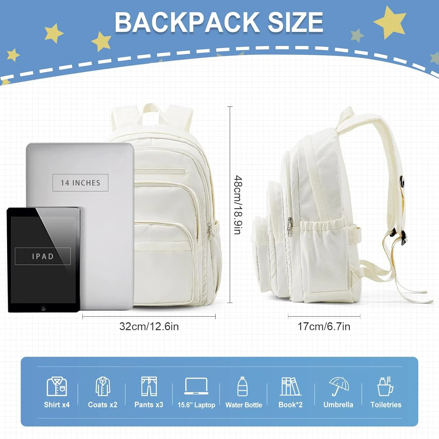 weradar School Backpack For Women Men, Lightweight Casual Daypack College Backpacks, Aesthetic Students Bookbag, Backpack With Lots Of Pockets,Cute High School Bag For Boys Girls(Beige)