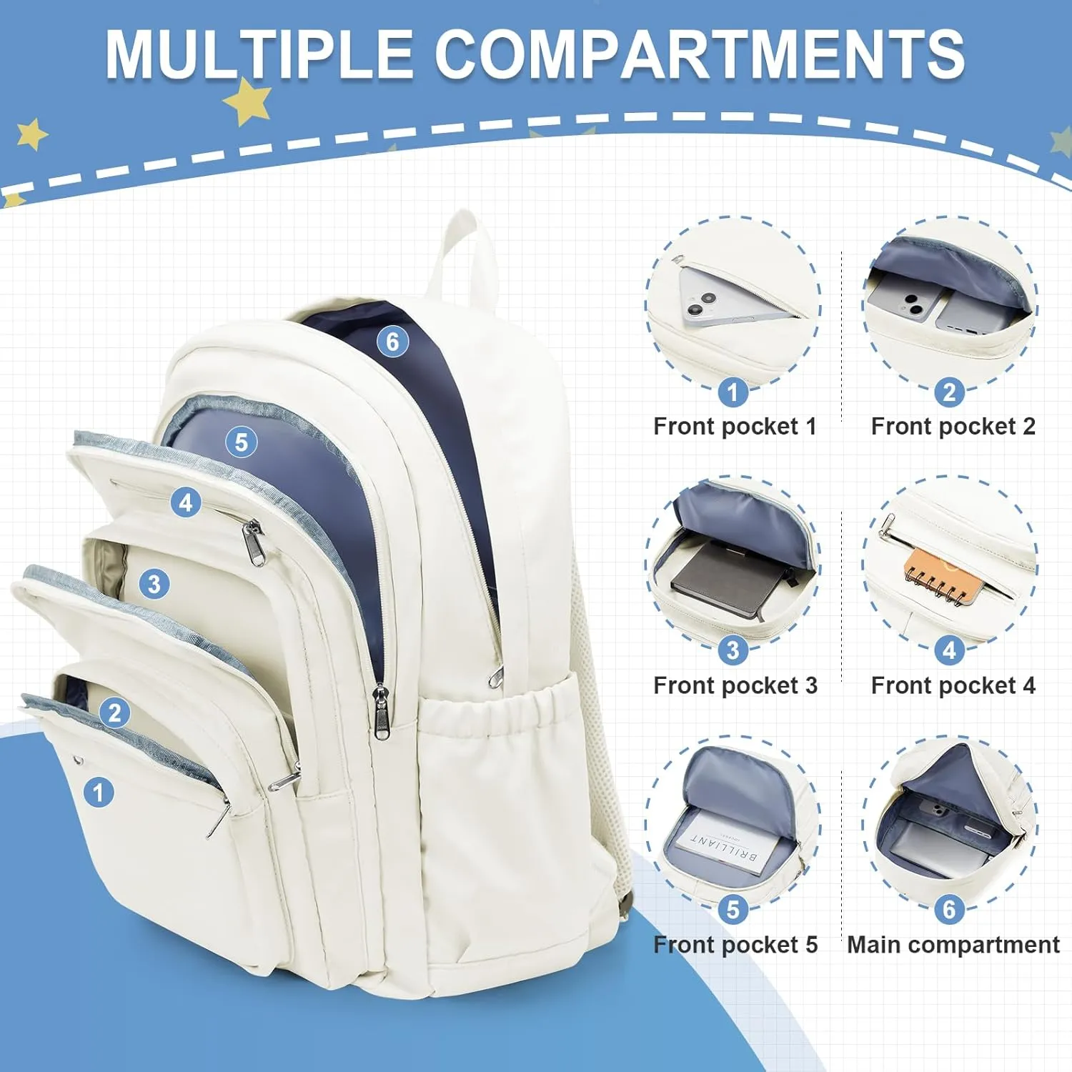 weradar School Backpack For Women Men, Lightweight Casual Daypack College Backpacks, Aesthetic Students Bookbag, Backpack With Lots Of Pockets,Cute High School Bag For Boys Girls(Beige)