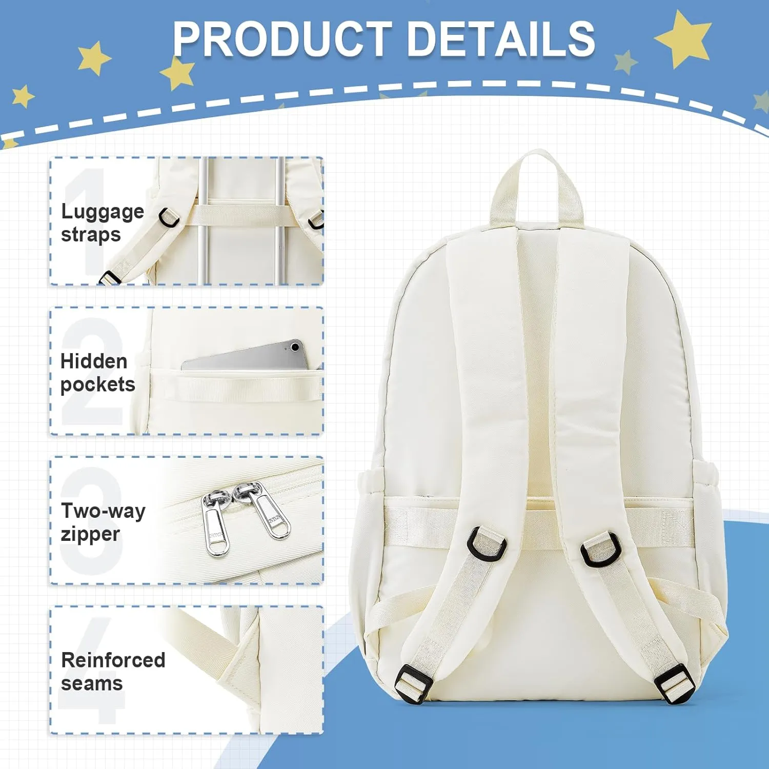 weradar School Backpack For Women Men, Lightweight Casual Daypack College Backpacks, Aesthetic Students Bookbag, Backpack With Lots Of Pockets,Cute High School Bag For Boys Girls(Beige)