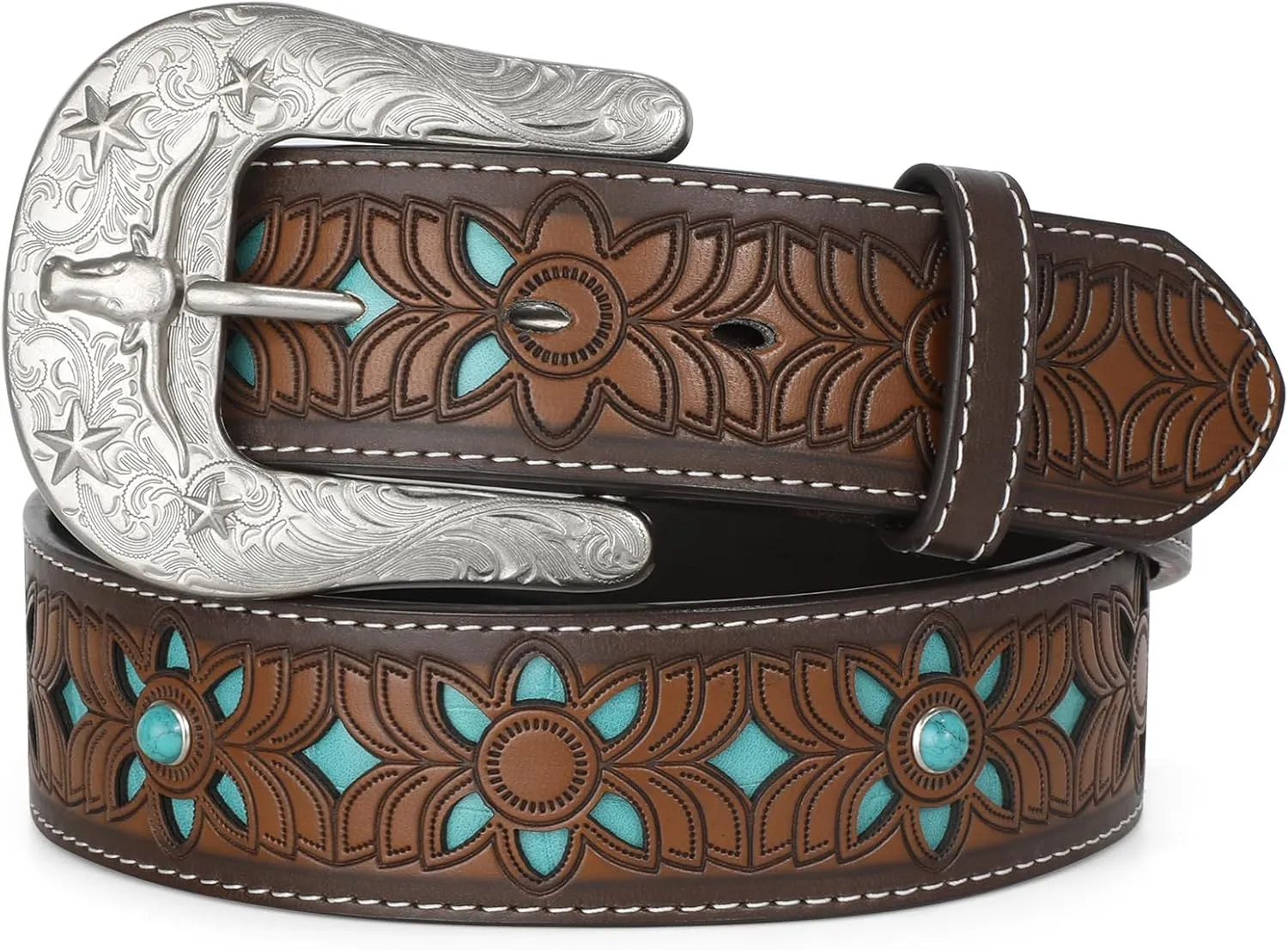 Western Belts for Women Cowgirl Cowboy Country Belt Turquoise Rhinestone Leather Belt Brown Plus Size Belt