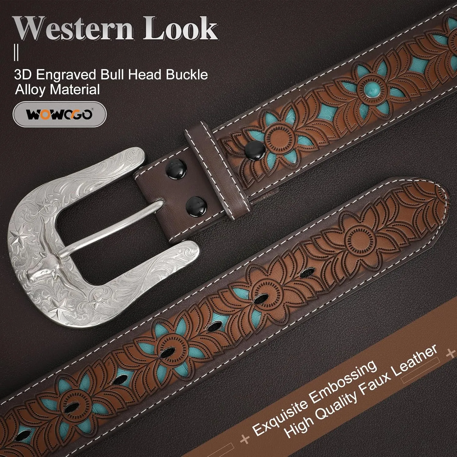 Western Belts for Women Cowgirl Cowboy Country Belt Turquoise Rhinestone Leather Belt Brown Plus Size Belt