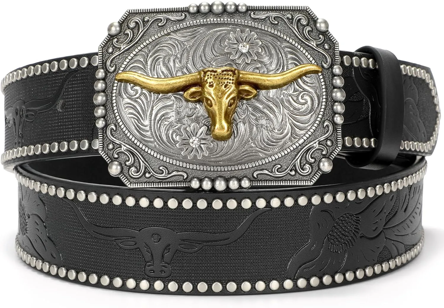 Western Cowboy Cowgirl Belt for Men Women LongHorn Bull Buckle Embossed Leather Belt Rodeo Country Belt