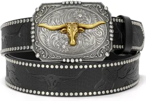 Western Cowboy Cowgirl Belt for Men Women LongHorn Bull Buckle Embossed Leather Belt Rodeo Country Belt
