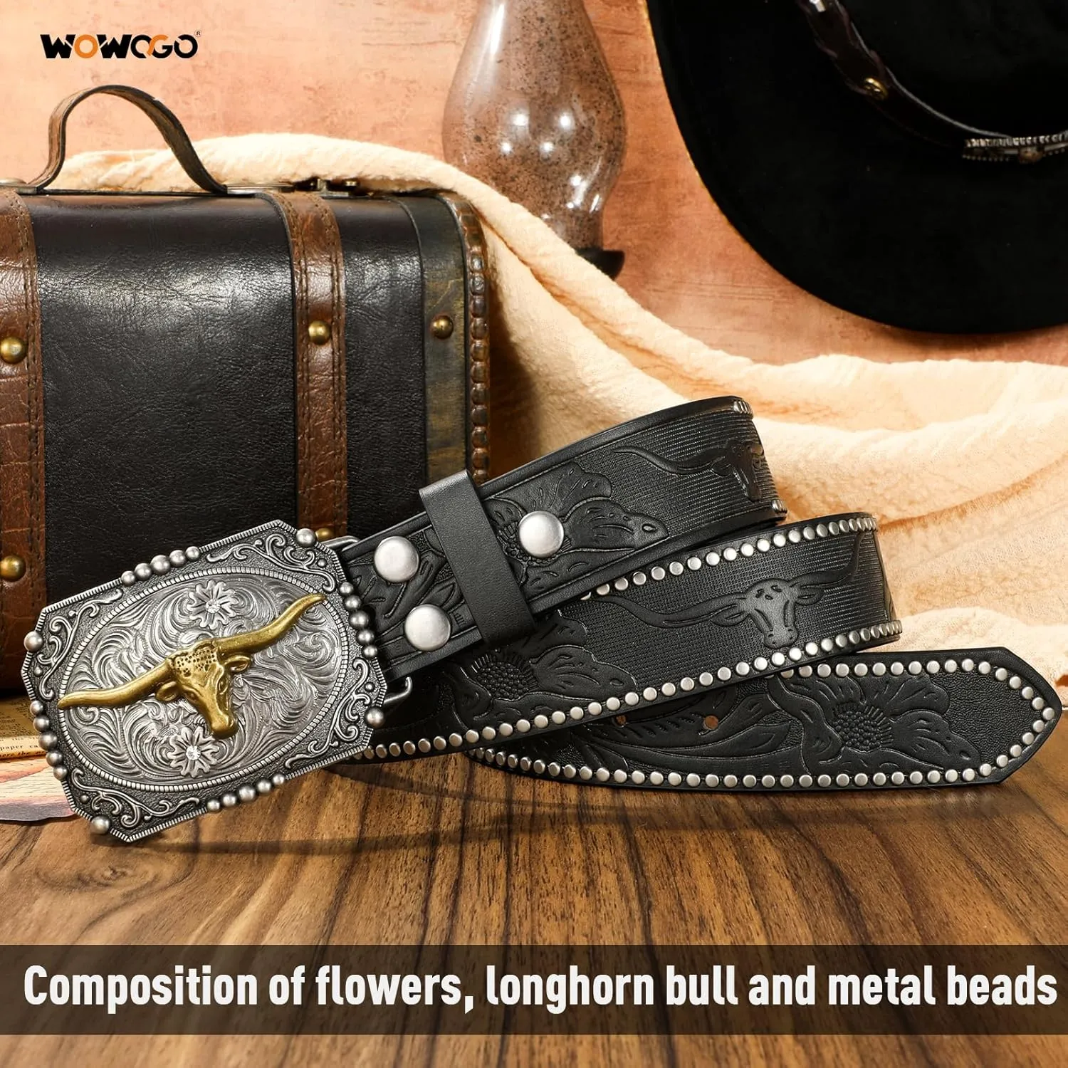 Western Cowboy Cowgirl Belt for Men Women LongHorn Bull Buckle Embossed Leather Belt Rodeo Country Belt