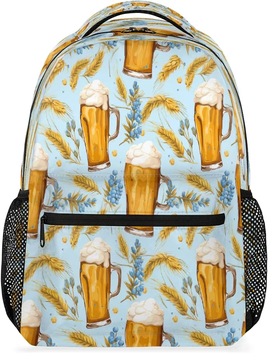 Wheat Ear Beer Cup Pattern Backpack, Wheat Backpacks Shoulder Bag Lightweight Casual Travel Laptop Daypack Bag for Women Men