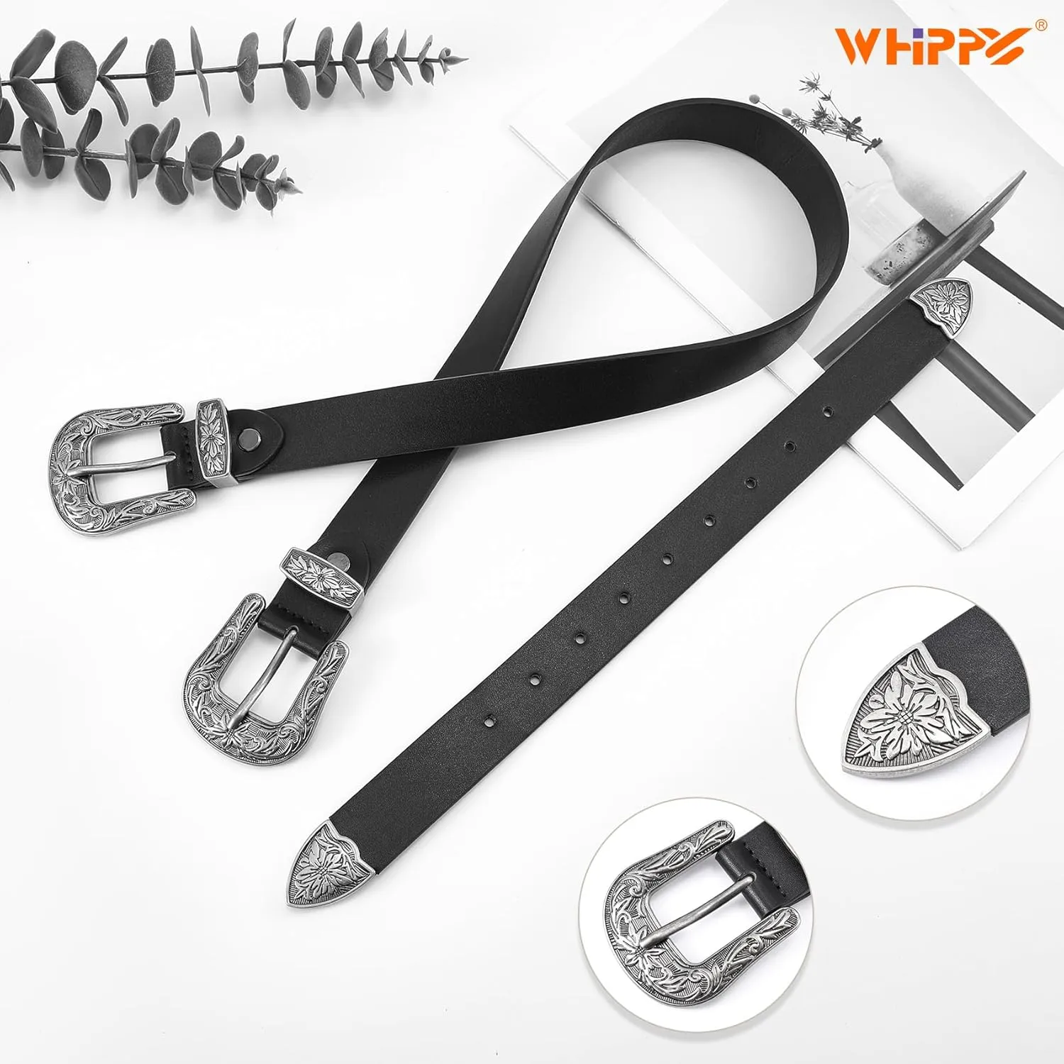 WHIPPY Vintage Western Leather Belt for Women Double Buckle Retro Cowgirl Waist Belts for Jeans Pants Dresses