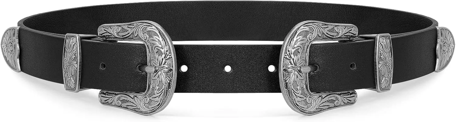 WHIPPY Vintage Western Leather Belt for Women Double Buckle Retro Cowgirl Waist Belts for Jeans Pants Dresses