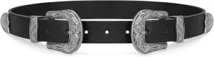 WHIPPY Vintage Western Leather Belt for Women Double Buckle Retro Cowgirl Waist Belts for Jeans Pants Dresses