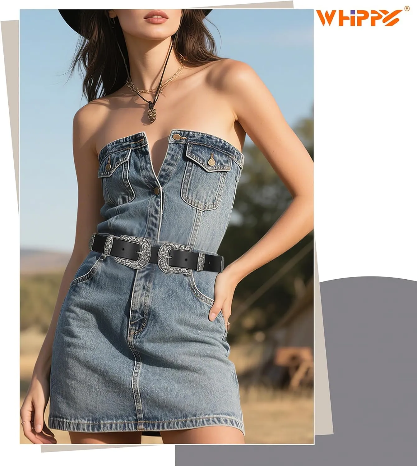 WHIPPY Vintage Western Leather Belt for Women Double Buckle Retro Cowgirl Waist Belts for Jeans Pants Dresses