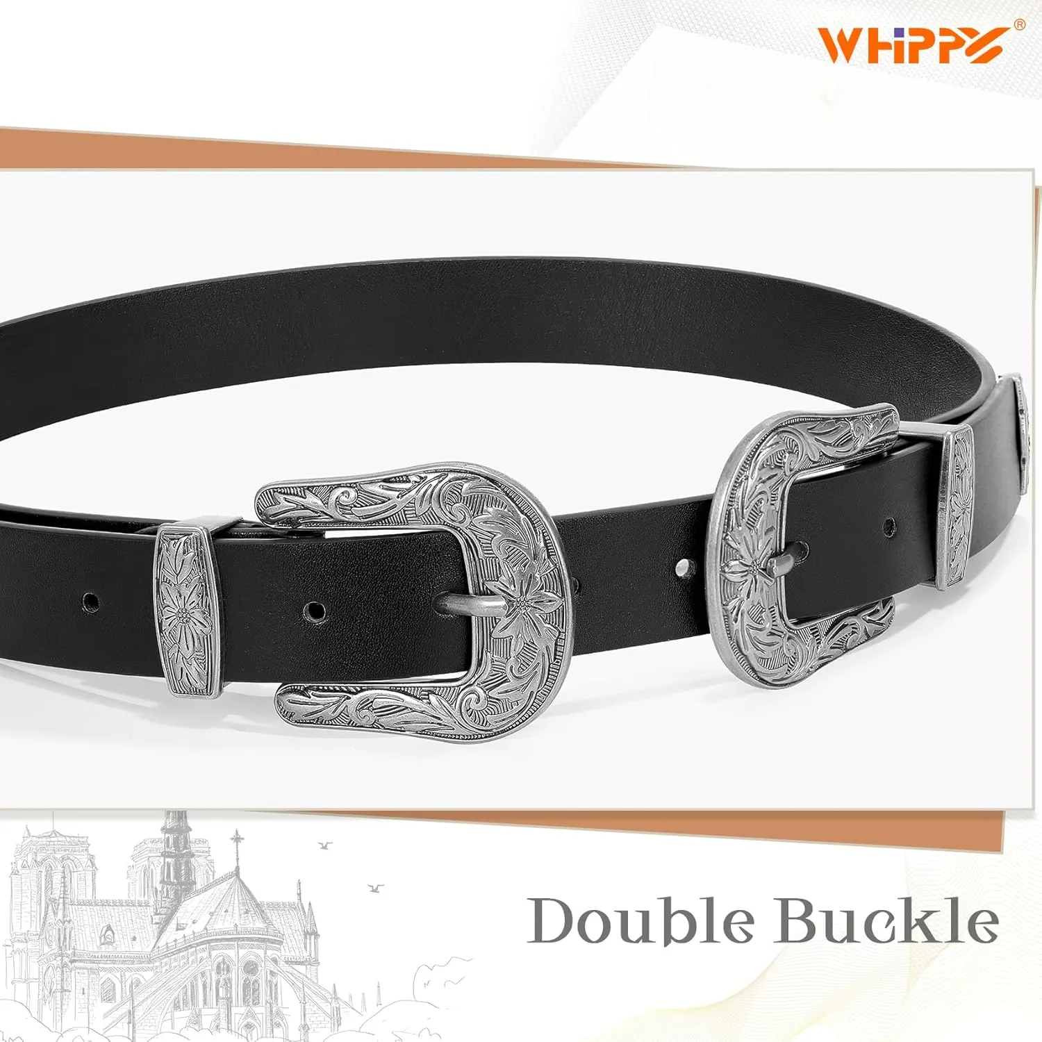 WHIPPY Vintage Western Leather Belt for Women Double Buckle Retro Cowgirl Waist Belts for Jeans Pants Dresses
