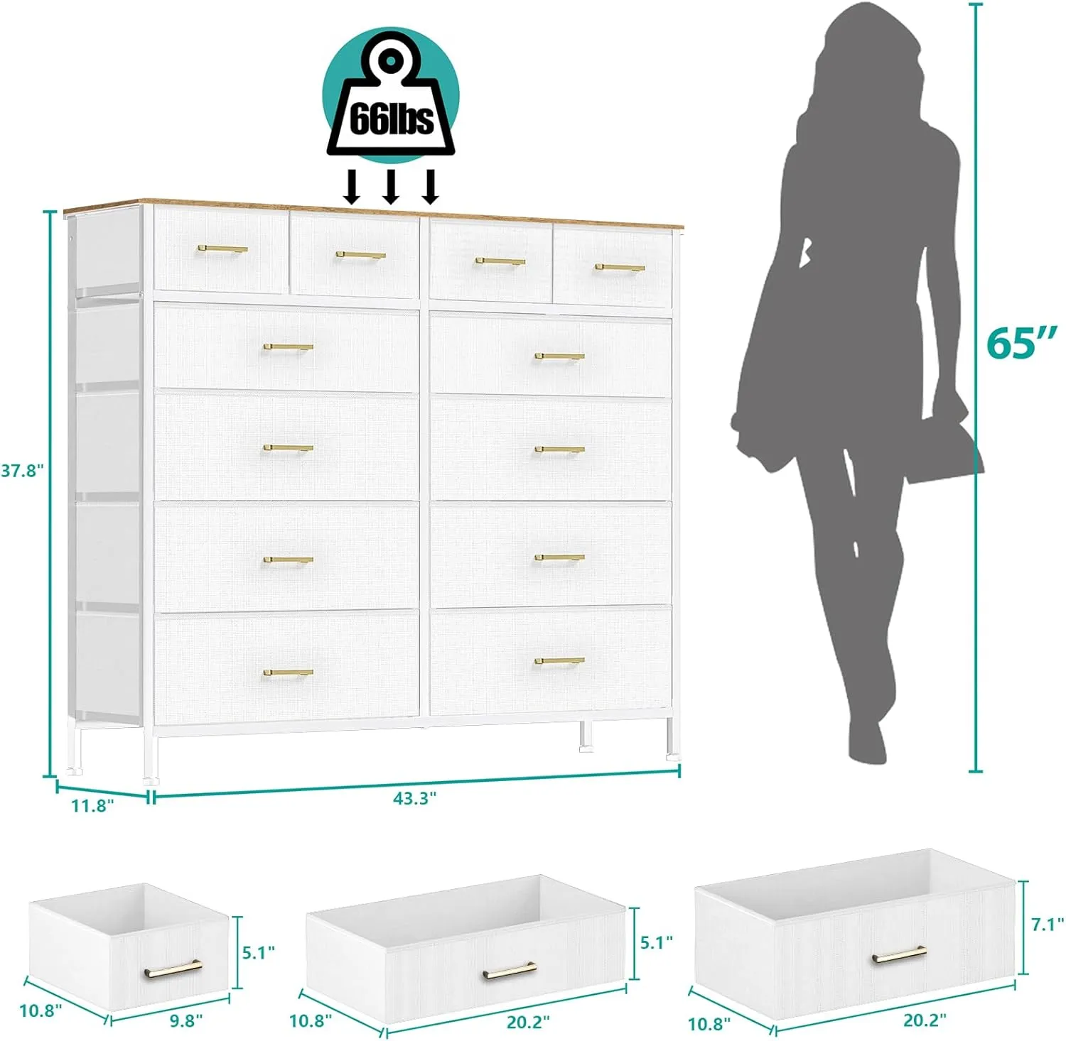 White Dresser for Bedroom with 12 Deep Drawers, Wide Chest of Drawers, 55" TV Stand with Retro Wood Top, Tall Fabric Dresser for Closet, Nursery