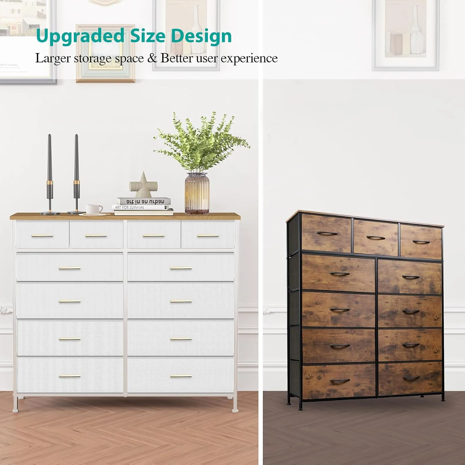 White Dresser for Bedroom with 12 Deep Drawers, Wide Chest of Drawers, 55" TV Stand with Retro Wood Top, Tall Fabric Dresser for Closet, Nursery