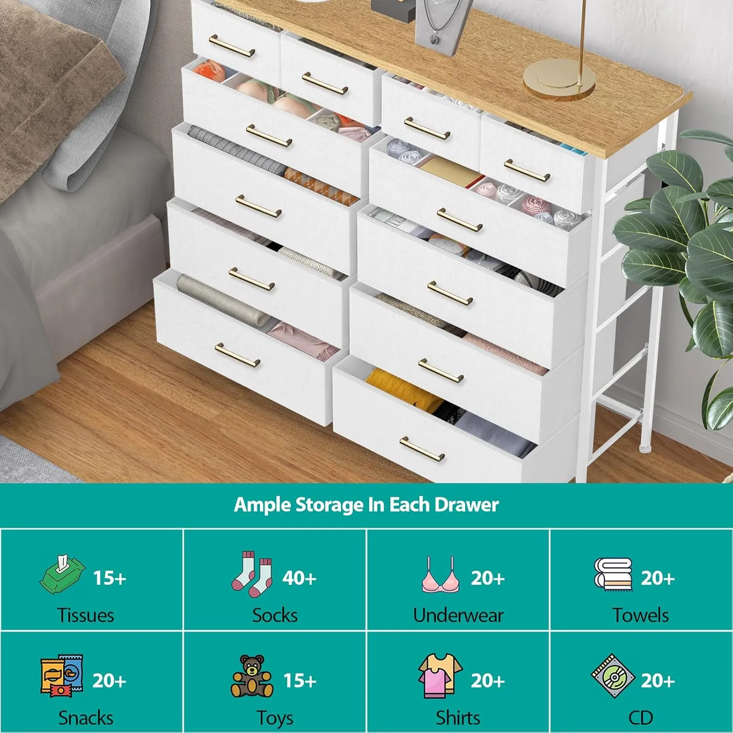 White Dresser for Bedroom with 12 Deep Drawers, Wide Chest of Drawers, 55" TV Stand with Retro Wood Top, Tall Fabric Dresser for Closet, Nursery