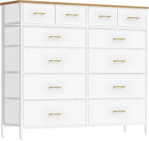 White Dresser for Bedroom with 12 Deep Drawers, Wide Chest of Drawers, 55" TV Stand with Retro Wood Top, Tall Fabric Dresser for Closet, Nursery