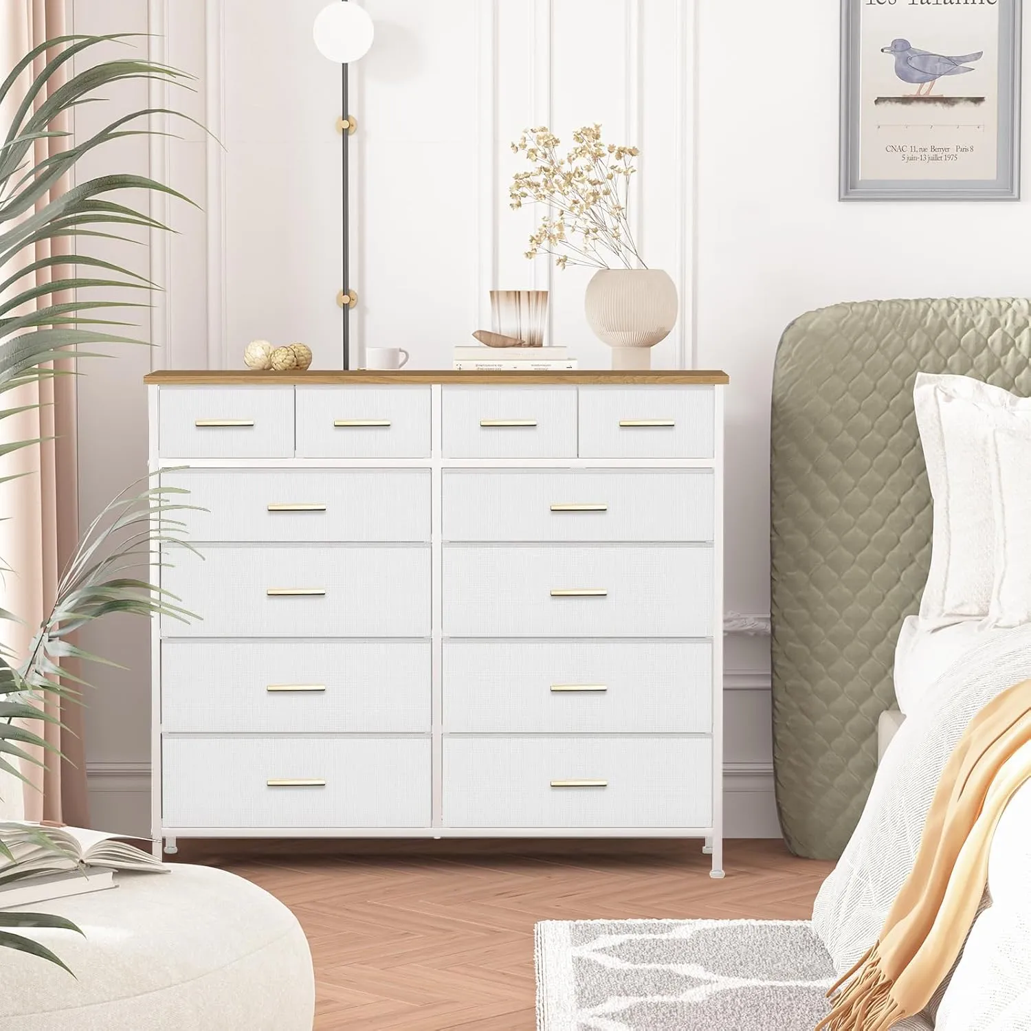White Dresser for Bedroom with 12 Deep Drawers, Wide Chest of Drawers, 55" TV Stand with Retro Wood Top, Tall Fabric Dresser for Closet, Nursery