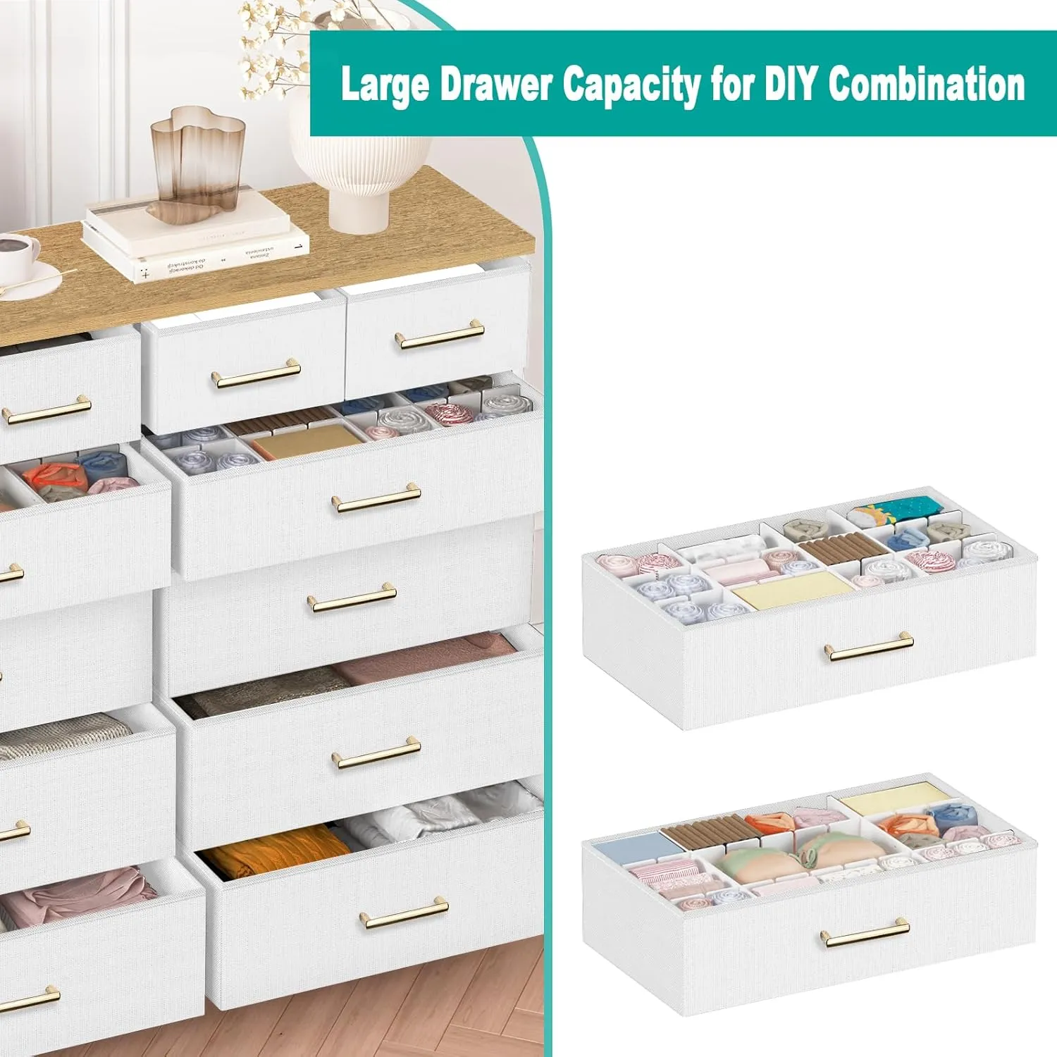 White Dresser for Bedroom with 12 Deep Drawers, Wide Chest of Drawers, 55" TV Stand with Retro Wood Top, Tall Fabric Dresser for Closet, Nursery