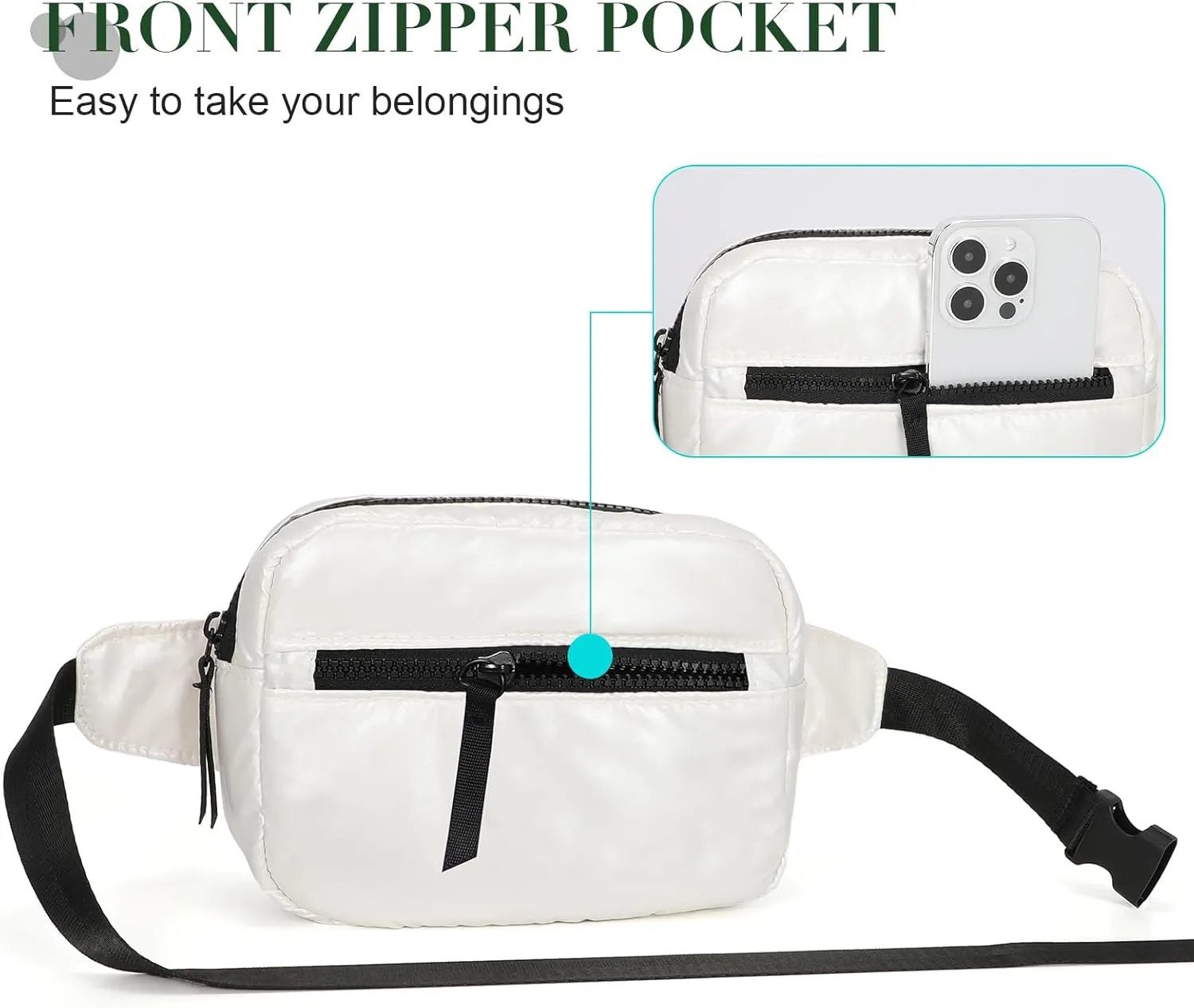 White Quilted Belt Bag for Women, Small White Crossbody Fanny Pack, Everywhere Mini Belt Bags Waist Pack