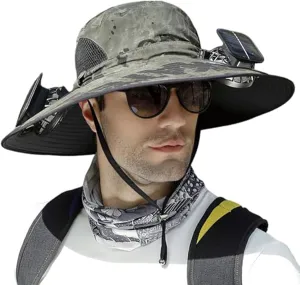 Wide Brim Solar Fan Outdoor Fishing Hat-Solar & USB Charging, Solar Fan Hat, Waterproof Hat with Solar Fan Built