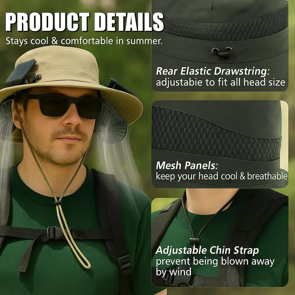 Wide Brim Solar Fan Outdoor Fishing Hat,Fishing Hat with Fan with 2 Solar-Solar Fan Sun Bucket Hat for Men Women