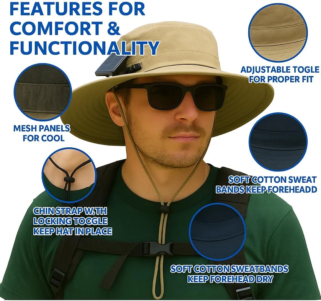 Wide Brim Solar Fan Outdoor Fishing Hat,Fishing Hat with Fan with 2 Solar-Solar Fan Sun Bucket Hat for Men Women