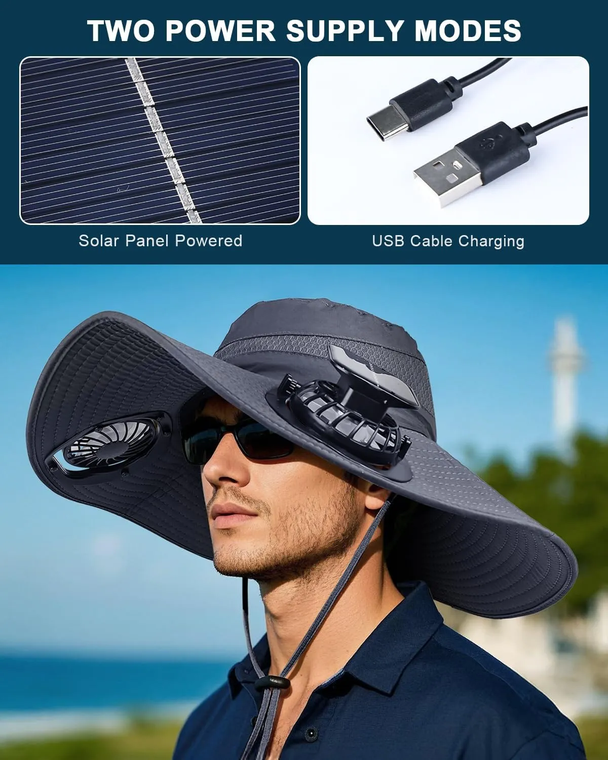 Wide Brim Sun Hat with 2 Solar Fan, Sun Bucket Hat for Men Women, UPF 50  Bucket Fishing & Beach Hat with Fan