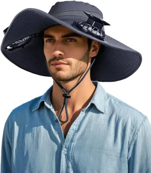 Wide Brim Sun Hat with 2 Solar Fan, Sun Bucket Hat for Men Women, UPF 50  Bucket Fishing & Beach Hat with Fan